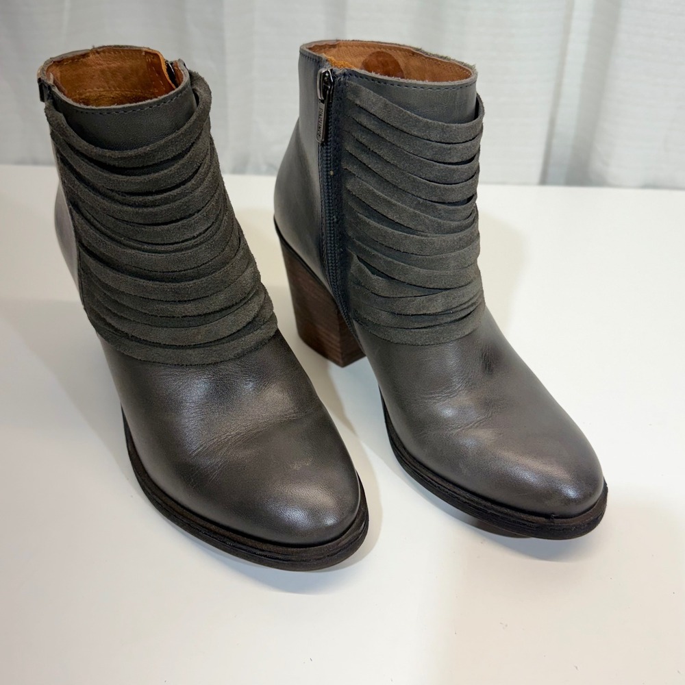 Pikolinos Ankle Boots 37 Grey Leather Suede Straps Block Heel Side Zip Booties